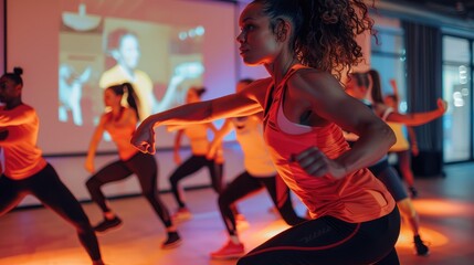 Energetic Dance Fitness Class with Vibrant Lighting