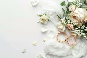 A bouquet of flowers and two gold wedding rings on a white background