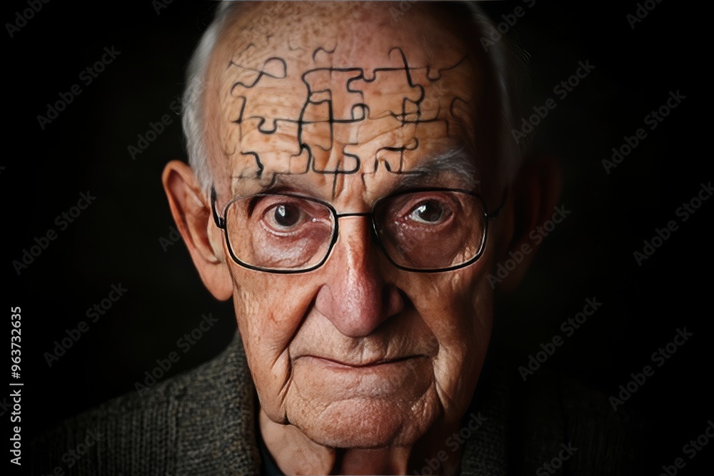 Poster neurofunctionality cognitive endurance portrait of an elderly man with a puzzle piece missing from h