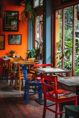 Colorful tables and chairs outside a restaurant, ideal for marketing or interior design use
