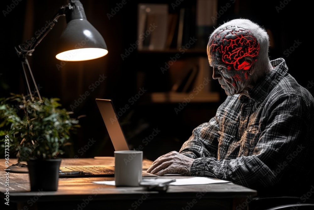 Poster mental circuitry neural endurance elderly man working on a laptop under a desk lamp with a puzzle pa