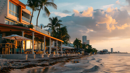 Row of matching beachfront cafes with colorful umbrellas on a sunny day by the sea.