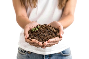 A person holds a handful of earthy soil, possibly for gardening or landscaping