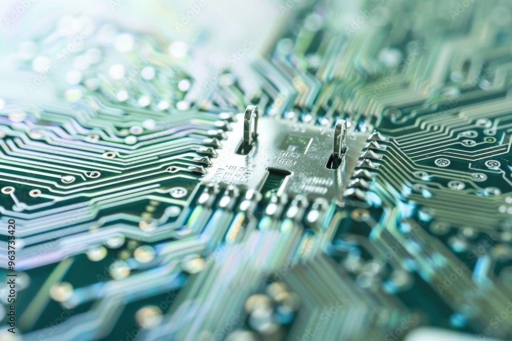 Poster a detailed image of a printed circuit board, ideal for use in technology and electronics-related con