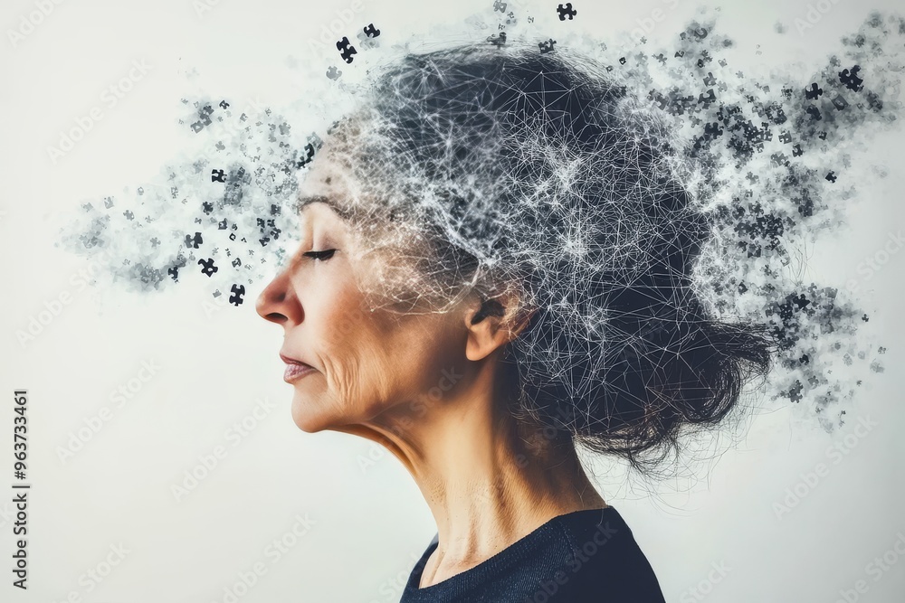 Poster neurogenesis neural endurance elderly woman with her brain dissolving into a cloud of particles symb