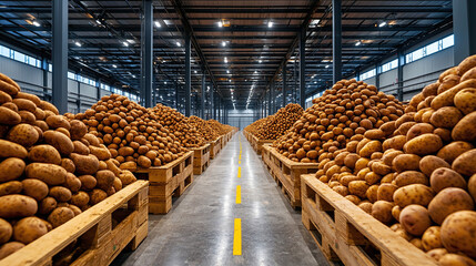 a vast potato storage facility with mountains of potatoes ready for processing