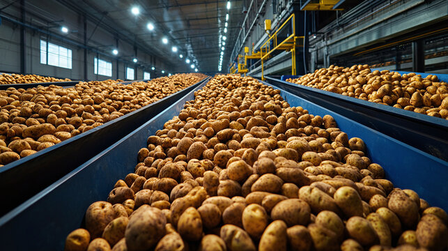 a vast potato storage facility with mountains of potatoes ready for processing