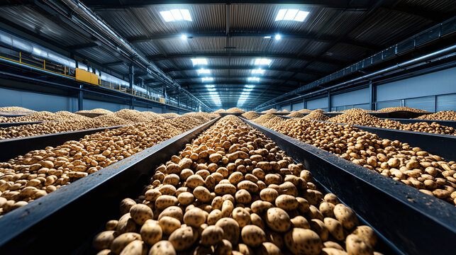 a vast potato storage facility with mountains of potatoes ready for processing