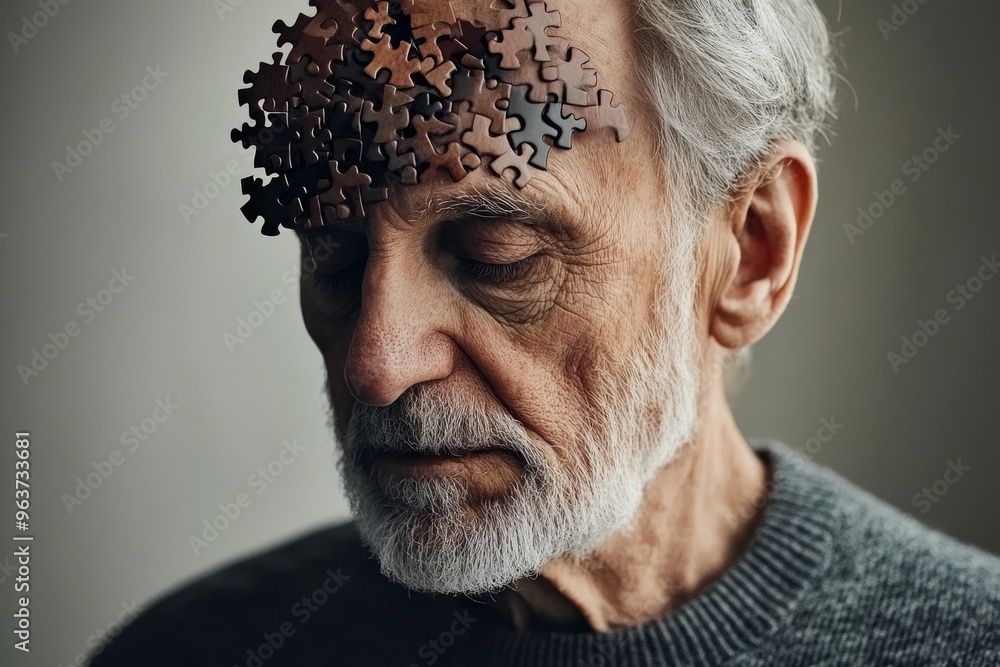 Poster brainwaves neural endurance elderly man with puzzle pieces dissolving from his forehead symbolizing 