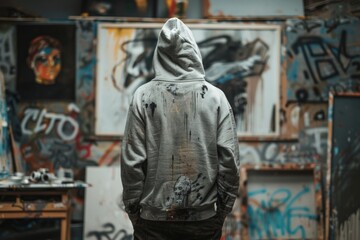 Naklejka premium A person wearing a hoodie stands in front of urban artwork on walls