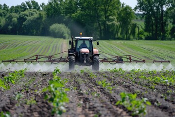 Agricultural equipment working in the open field with a sprayer