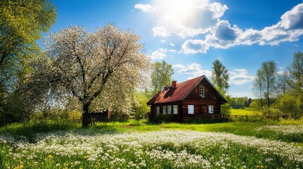 Obraz premium A vibrant spring landscape featuring a sunlit cabin surrounded by blooming flowers in full bloom, nestled in a serene natural setting. 