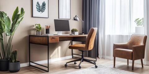Fototapeta premium Cozy Home Office with a Large Desk and a Comfortable Chair