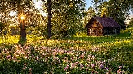 Obraz premium A vibrant spring landscape featuring a sunlit cabin surrounded by blooming flowers in full bloom, nestled in a serene natural setting. 