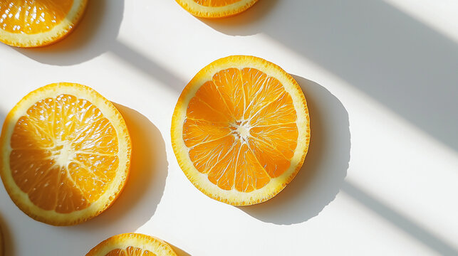 sliced oranges with visible pulp and zest against an isolated white background