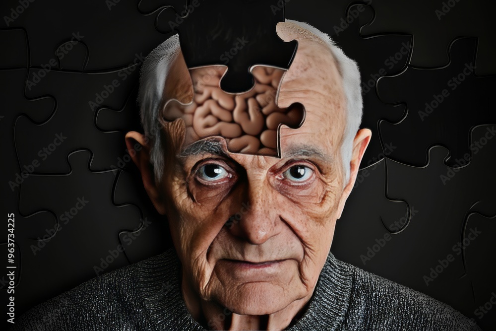 Aufkleber neuronal connections neural endurance elderly man with a missing puzzle piece from his head symboliz