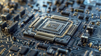Microchip Close-Up on Circuit Board with Detailed Components
