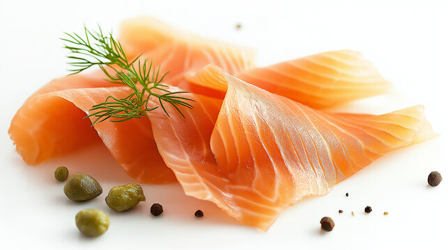 smoked salmon slices with a sprig of dill and capers against an isolated white background