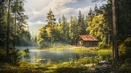 Fototapeta premium Serene lush summer landscape featuring a peaceful lake and a sunlit cabin surrounded by vibrant greenery. The tranquil scene captures the essence of nature's beauty with clear reflections on the water