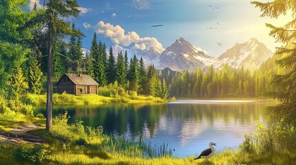 Fototapeta premium Serene lush summer landscape featuring a peaceful lake and a sunlit cabin surrounded by vibrant greenery. The tranquil scene captures the essence of nature's beauty with clear reflections on the water