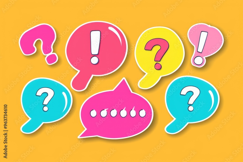 Poster a set of bright and colorful speech bubbles with question marks, ideal for use in presentations, mar