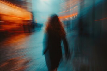 A person walking on a city street with blurred background