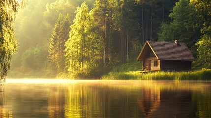 Fototapeta premium Serene lush summer landscape featuring a peaceful lake and a sunlit cabin surrounded by vibrant greenery. The tranquil scene captures the essence of nature's beauty with clear reflections on the water