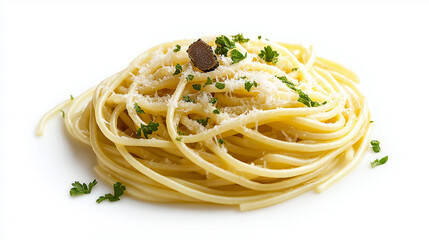spaghetti with truffle oil and parmesan with shaved truffles and fresh parsley against an isolated white background
