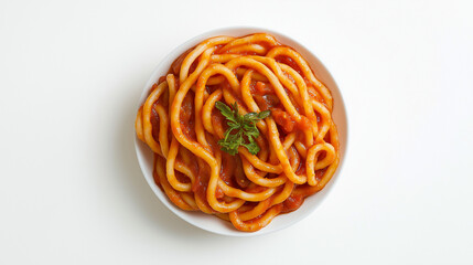 strozzapreti with sausage and fennel with a rich tomato sauce and fresh herbs against an isolated white background