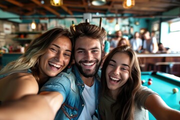 Group of friends posing for a photo near a pool table, a fun and lively scene