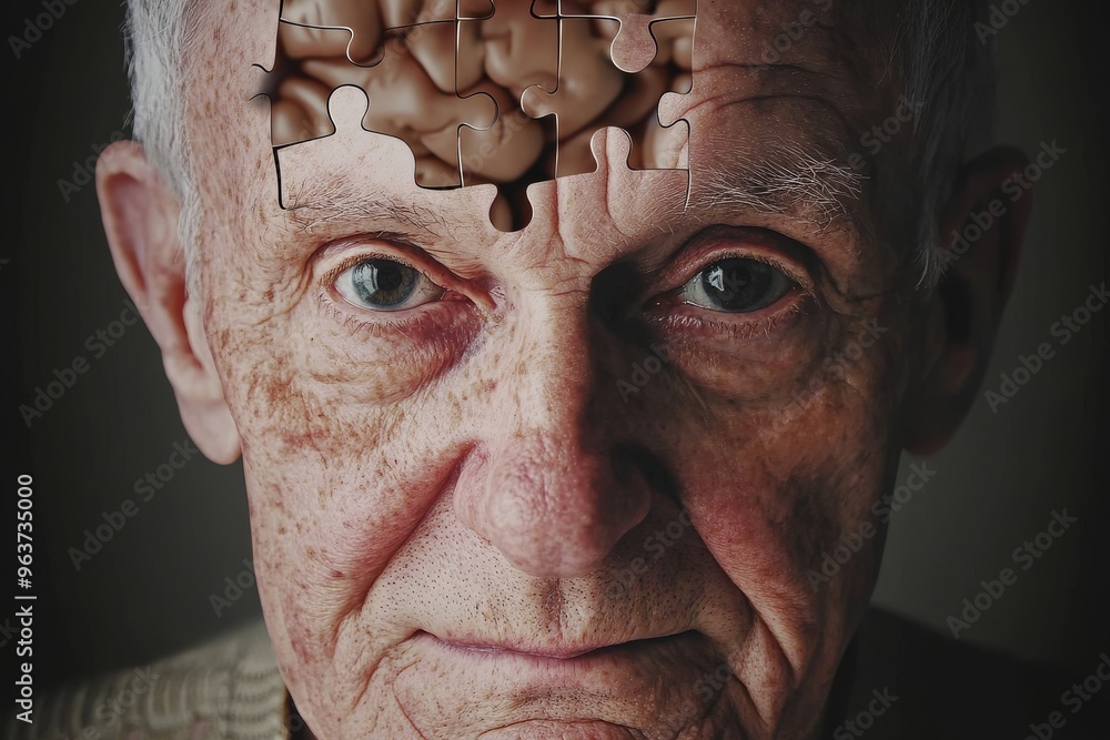 Poster cognitive machinery brain agility elderly man with a missing puzzle piece from his forehead symboliz