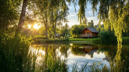 Obraz premium Serene lush summer landscape featuring a peaceful lake and a sunlit cabin surrounded by vibrant greenery. The tranquil scene captures the essence of nature's beauty with clear reflections on the water