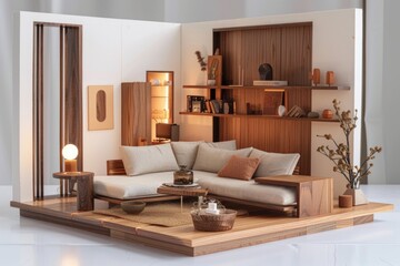 Cozy living room scene with couch and table, ideal for interior design or lifestyle photoshoots
