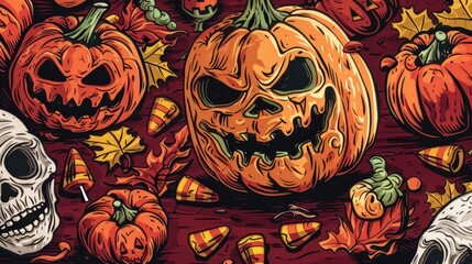 Decorative arrangement of skulls and pumpkins on a table, perfect for Halloween or fall themed scenes