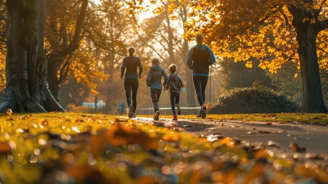 Family Running in Autumn Park at Sunrise