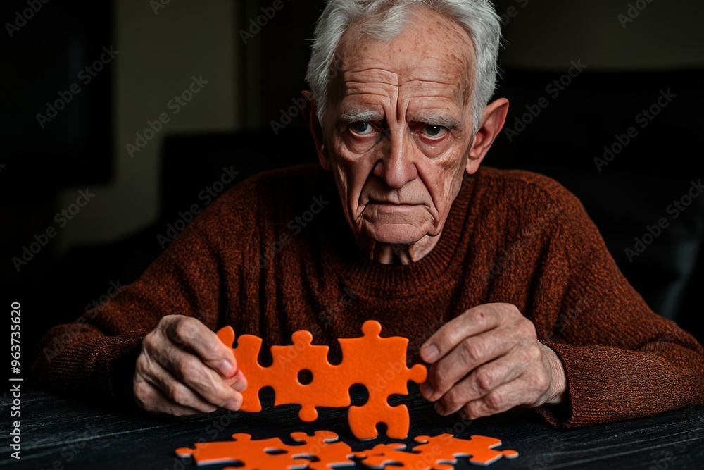 Poster brain function brain agility elderly man contemplating orange puzzle pieces symbolizing the mental e