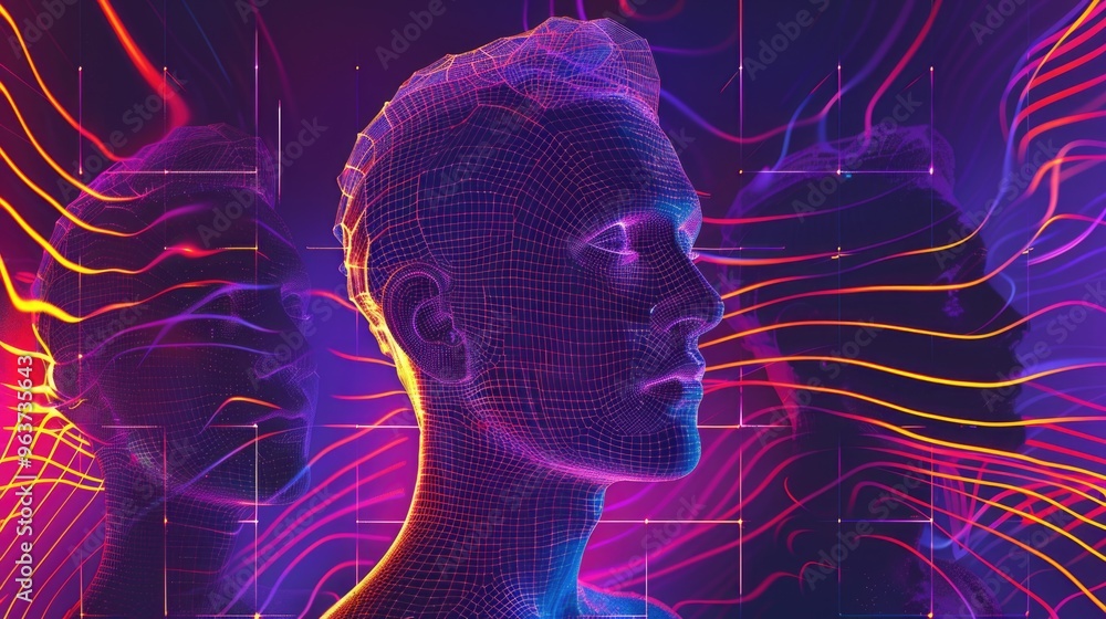 Poster a close-up shot of a person's head with neon lines and shapes in the background, ideal for use in fu