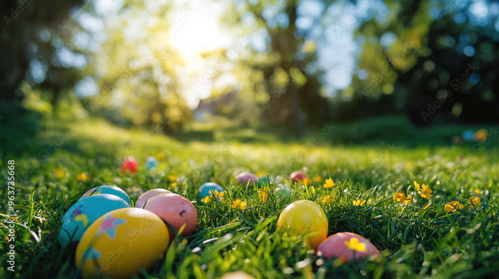 Wall mural Collection of colorful easter eggs laying in grass, background of trees and flowers blurred to highlight the natural feeling morning light 