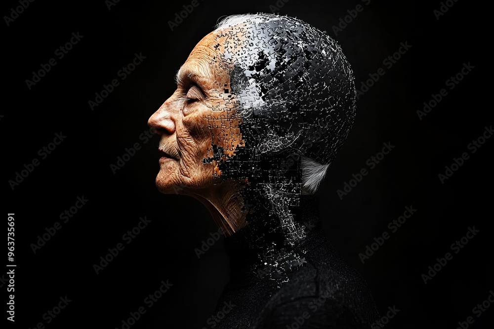 Poster brain anatomy brain agility elderly man with face dissolving into particles symbolizing the disinteg