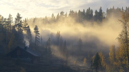 Rideaux A misty autumn morning in a serene forest with soft fog enveloping the landscape, highlighting a sunlit cabin. The tranquil scene combines natural beauty and peaceful ambiance