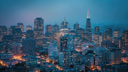 Obraz premium Nighttime city view from a hill, with buildings and streets lit up