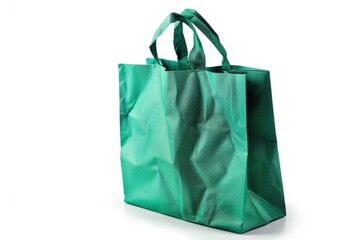 A green shopping bag sitting on a white background