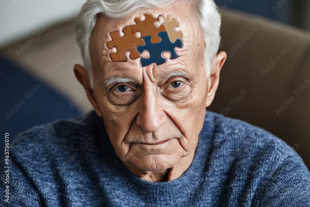 Aufkleber neurofunctionality brain agility elderly man with a puzzle piece on his forehead symbolizing the cog