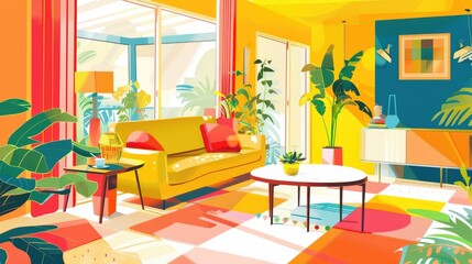 Bright and Cheerful Modern Living Room with Lush Greenery