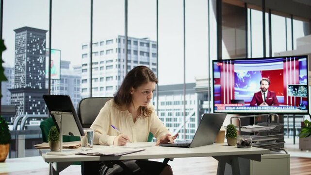 Female leader with executive power signing work contracts and approving employees requests, daily paperwork tasks for productivity. Authorization for leave request or license agreement. Camera B.