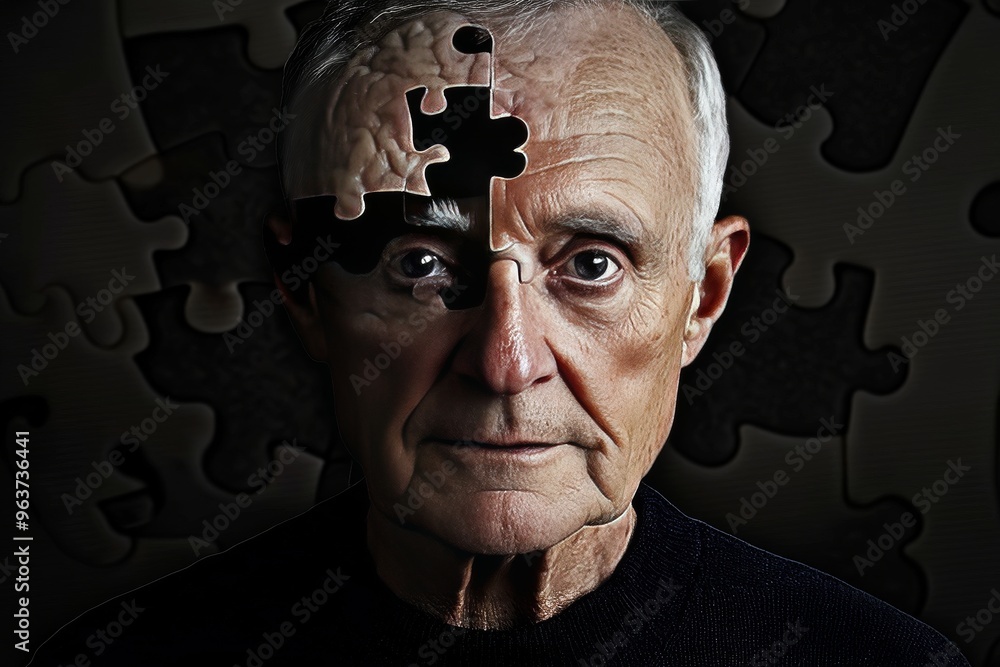 Aufkleber encephalopathy brain agility elderly man with a puzzle piece missing from his eye symbolizing memory
