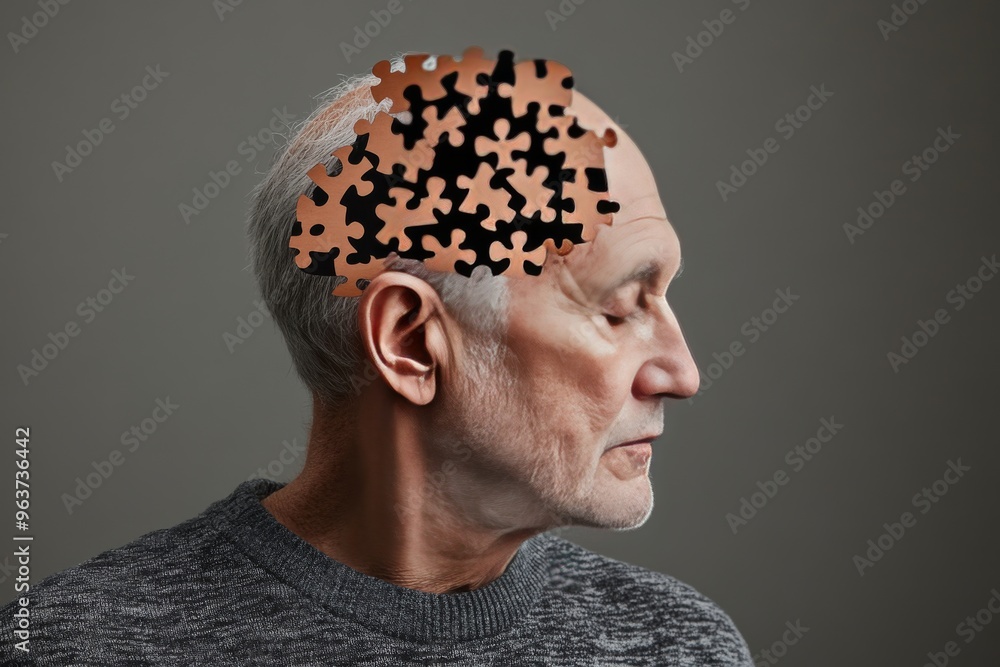 Poster neuroglia brain agility elderly man with puzzle pieces disintegrating from his head symbolizing the 