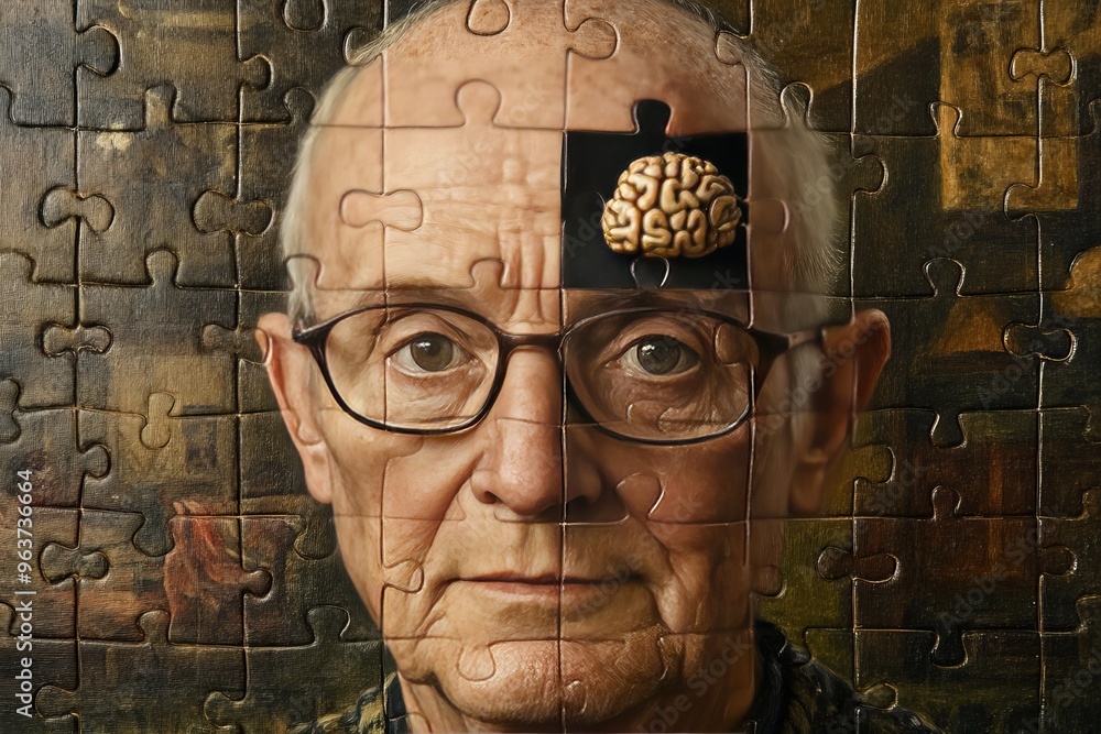 Poster brain region brain agility elderly woman with a puzzle face integrated into a larger puzzle backgrou