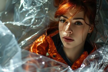 A woman with bright red hair is wrapped in plastic from head to toe