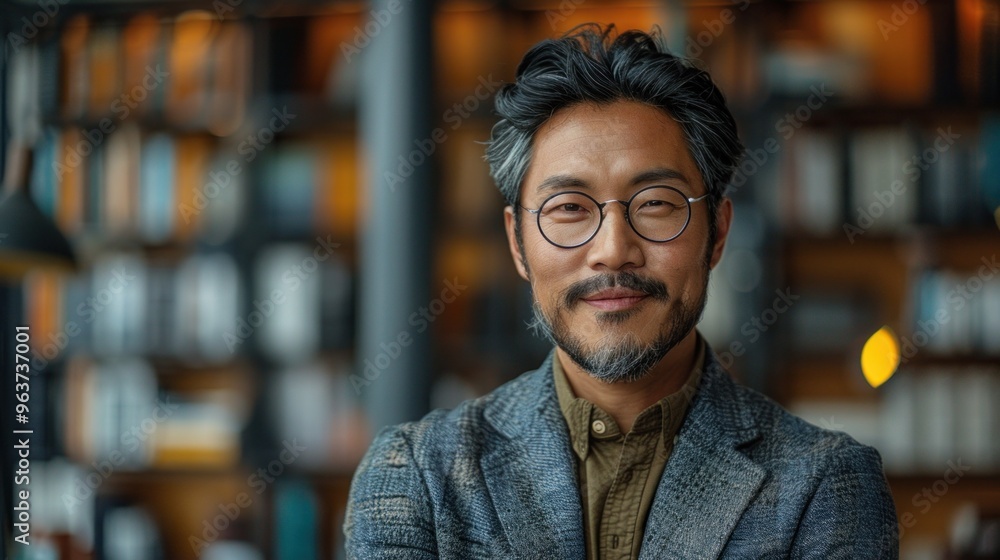 Poster a man with glasses is smiling and posing for a picture in front of a bookshelf